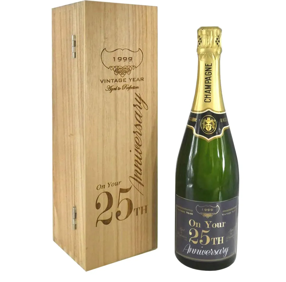 25th Anniversary Personalised 75cl Bottle of Champagne Presented in an engraved Wooden Box 1999
