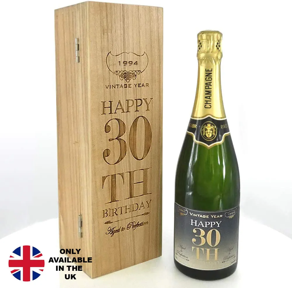 30th Birthday Gift For Him or Her Personalised 75cl Bottle of Champagne Presented in an Engraved Wooden Box 1994