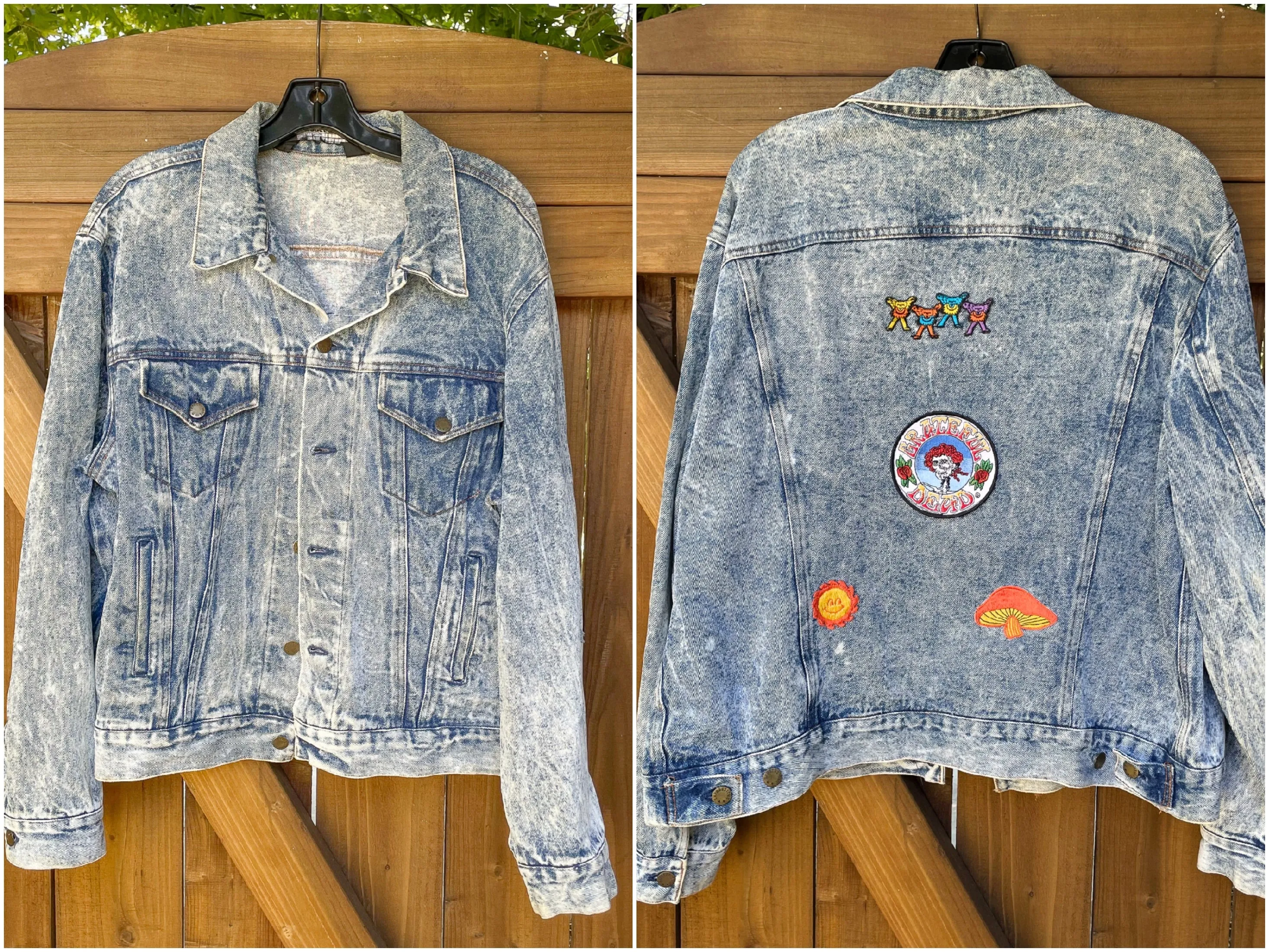 80s Acid Washed Denim Jacket Grateful Dead Patches, Dead Head Denim Jacket, Grunge Rocker