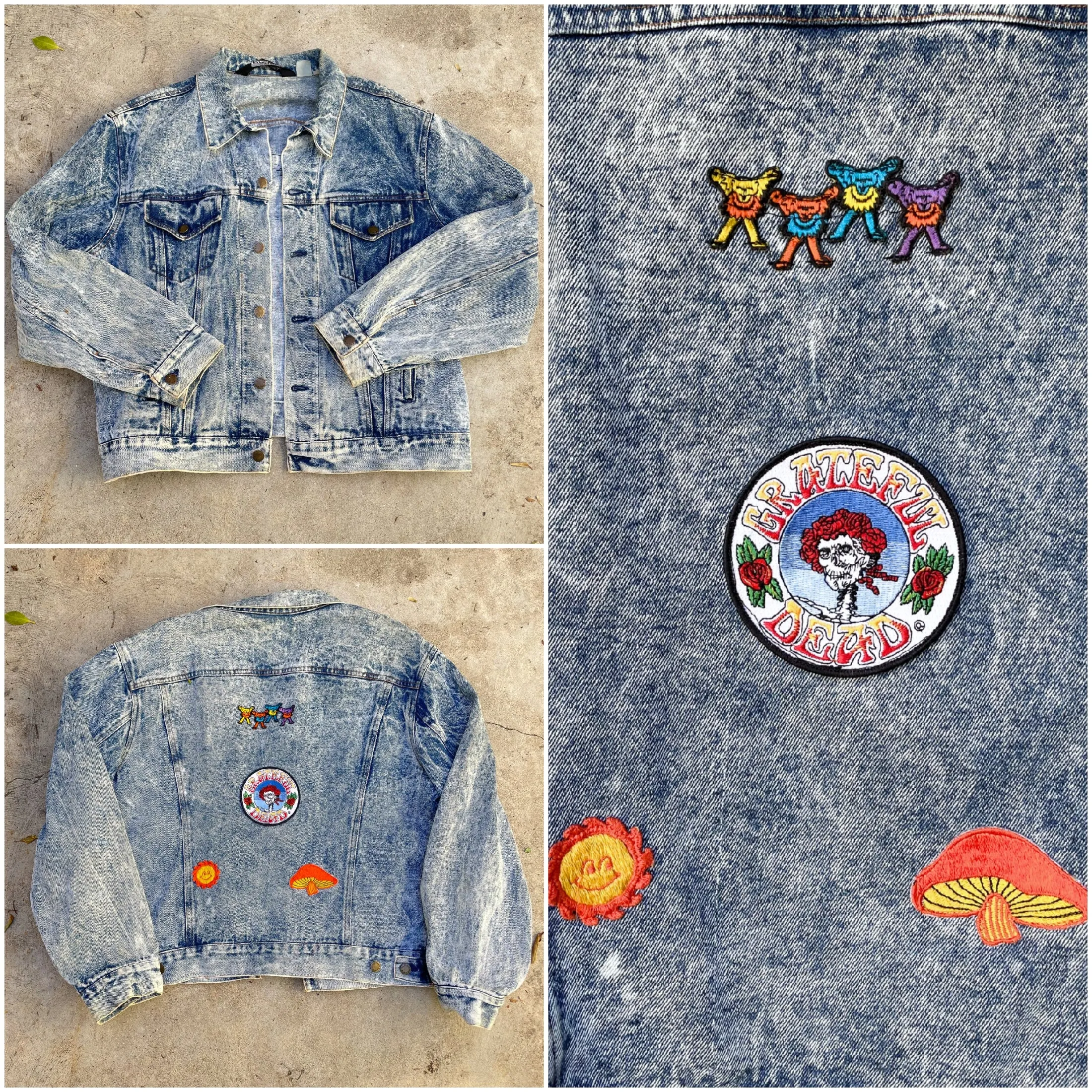 80s Acid Washed Denim Jacket Grateful Dead Patches, Dead Head Denim Jacket, Grunge Rocker