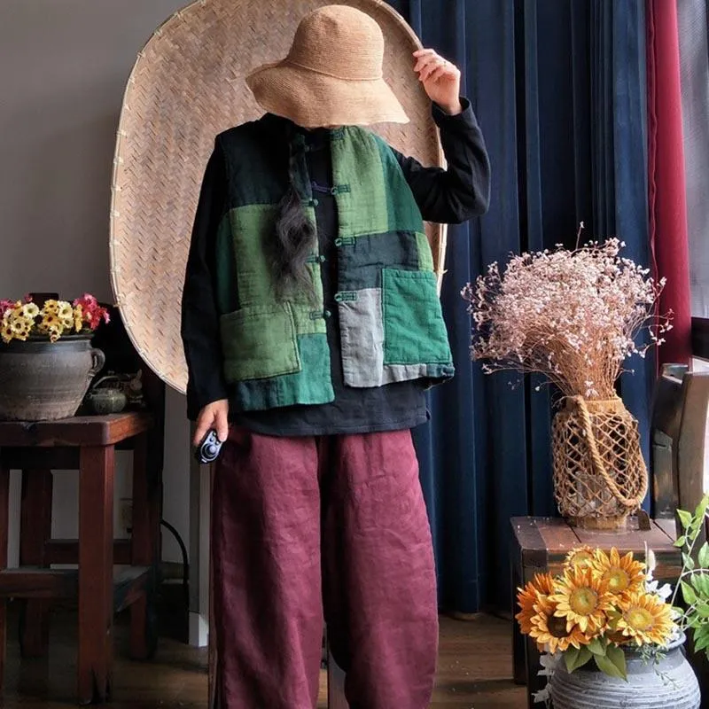 Babakud Women Retro Patchwork Cotton Linen Loose Vest