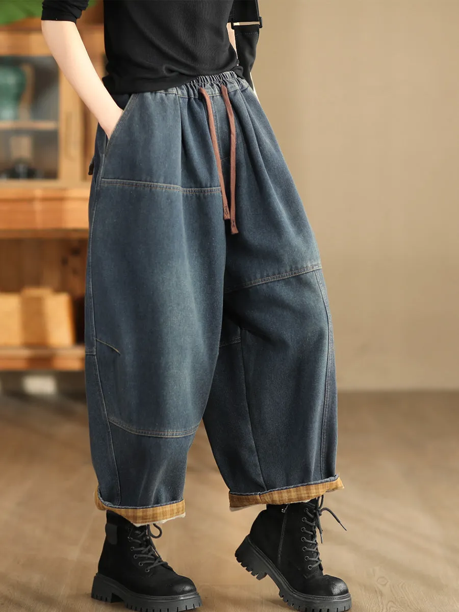 Babakud Women Winter Patchwork Plaid Fleece- Lined Denim Casual Pants