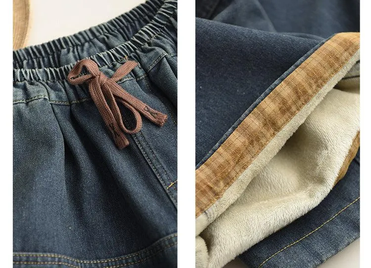 Babakud Women Winter Patchwork Plaid Fleece- Lined Denim Casual Pants