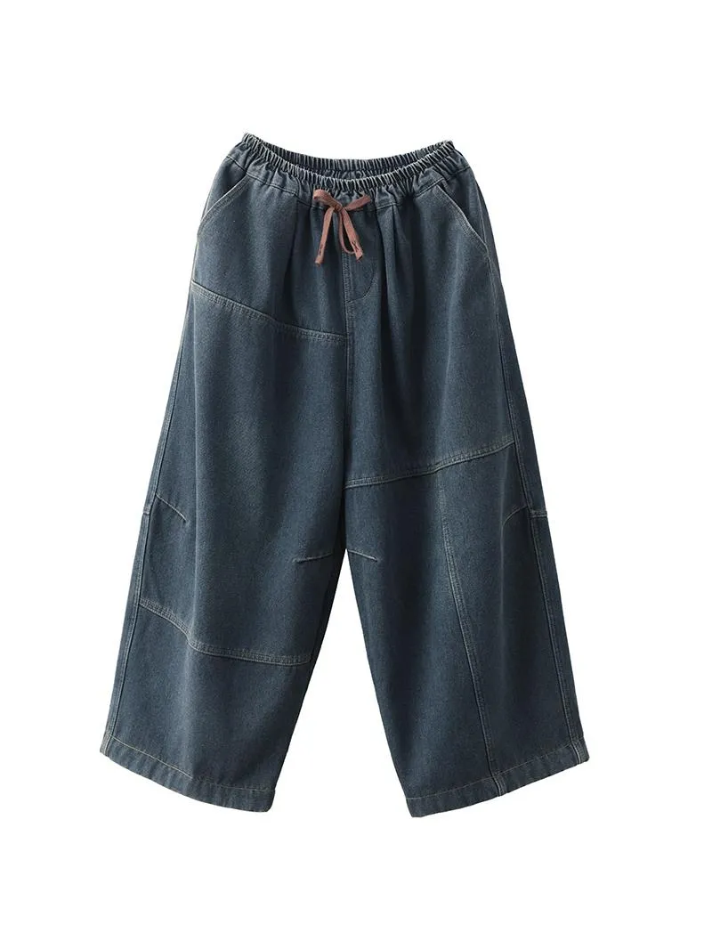 Babakud Women Winter Patchwork Plaid Fleece- Lined Denim Casual Pants