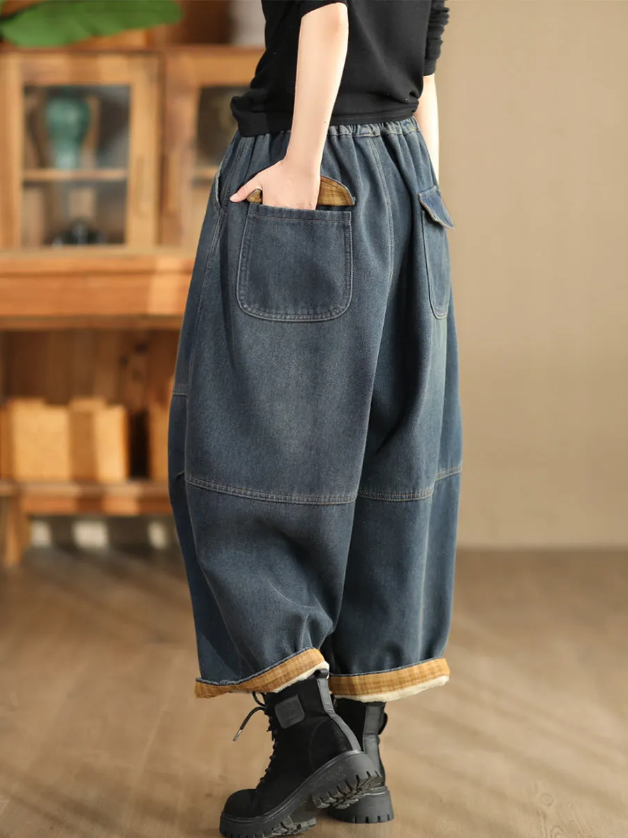 Babakud Women Winter Patchwork Plaid Fleece- Lined Denim Casual Pants