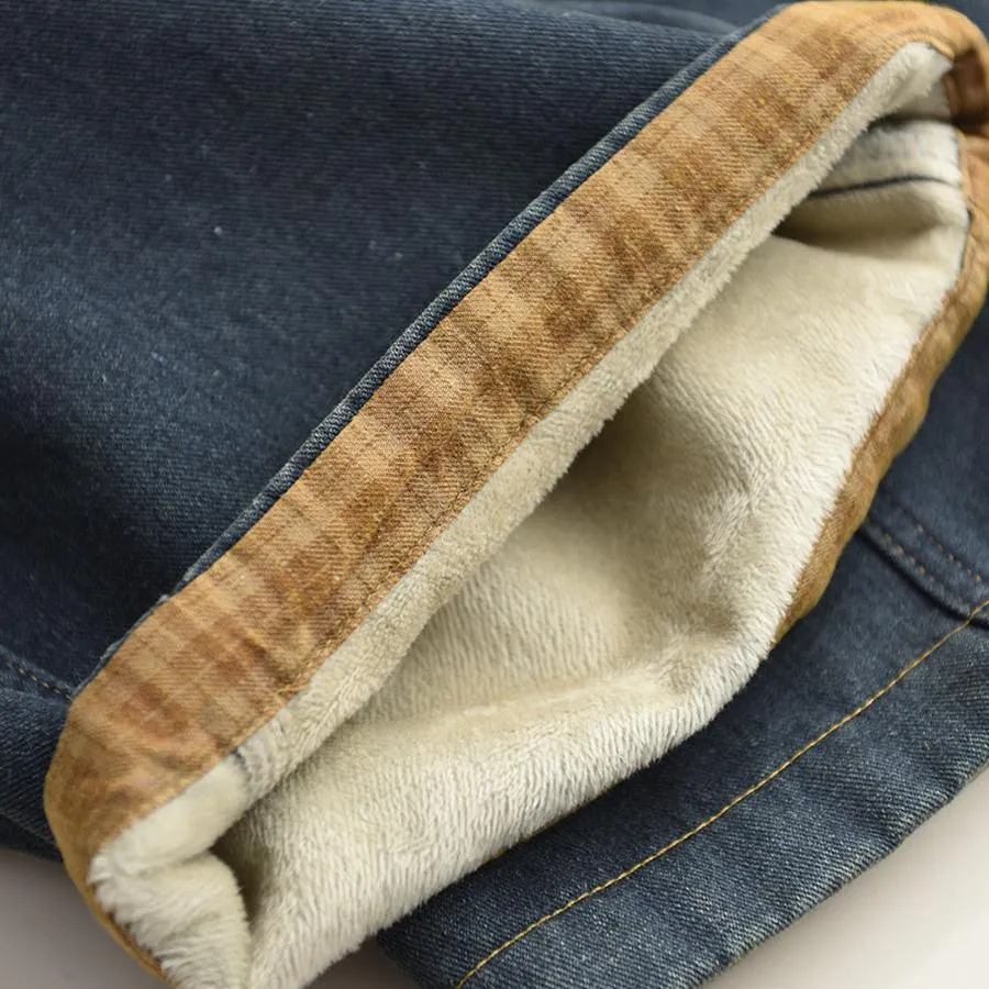 Babakud Women Winter Patchwork Plaid Fleece- Lined Denim Casual Pants