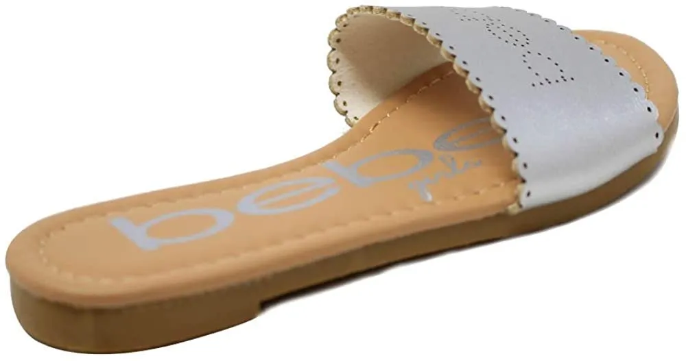 bebe Girls Big Kid Scalloped Edge Metallic Slide Sandal with Pearlized PU Upper - Fashion Summer Flat Shoes