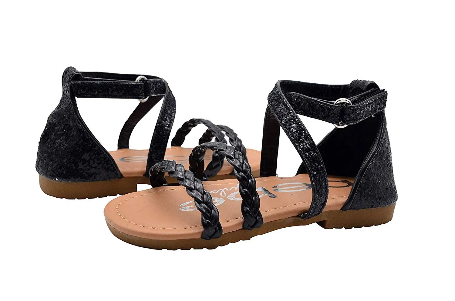 bebe Toddler Girls Fashion Sandals Braided Flats with Glitter Ankle Straps & Back Heel Cap