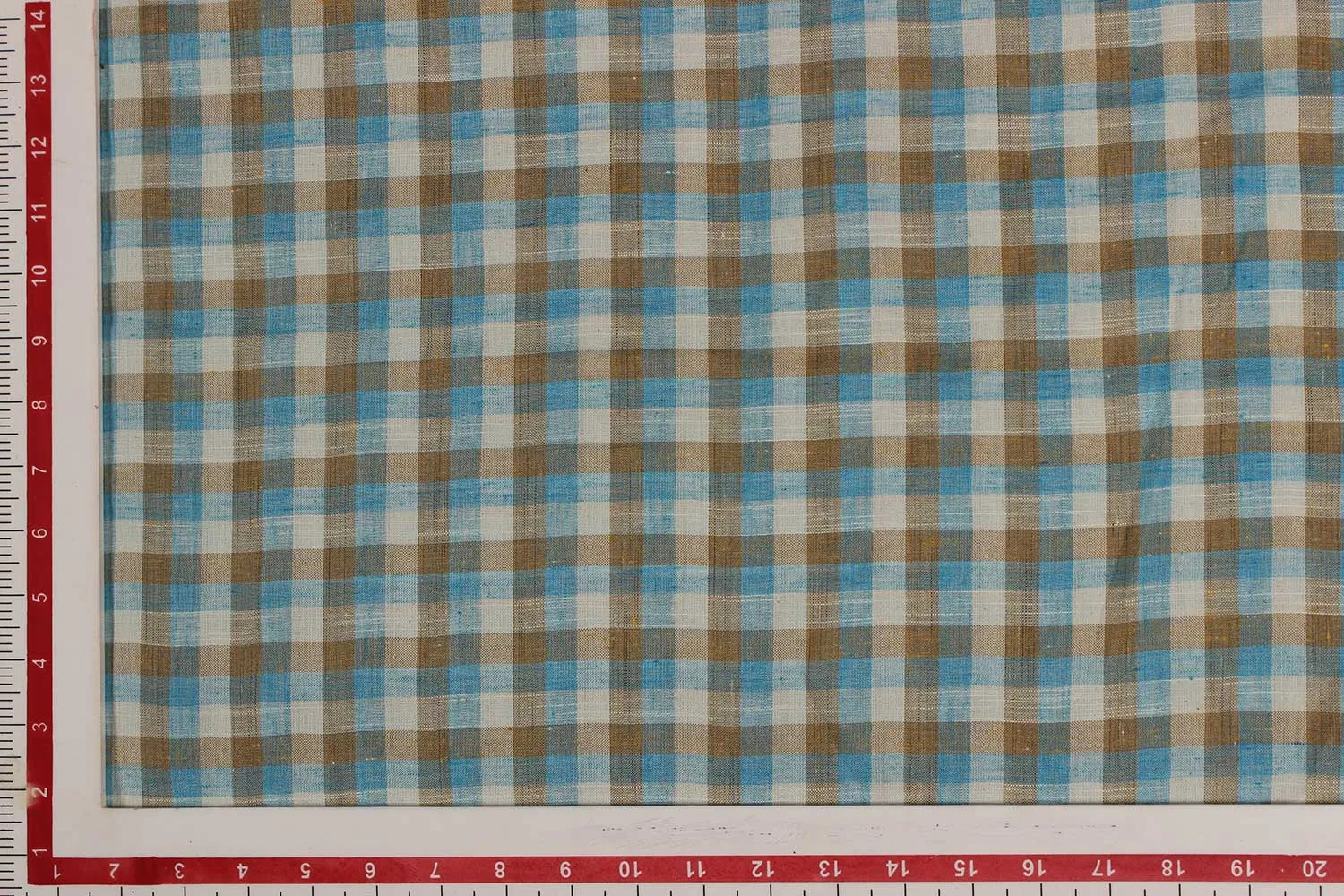 Beige & Light Blue Checks Cotton Polyester Blend Fabric