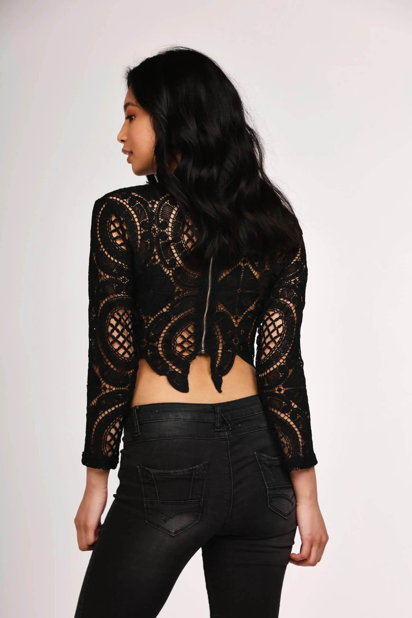 Black Crochet Zip Back Crop Top