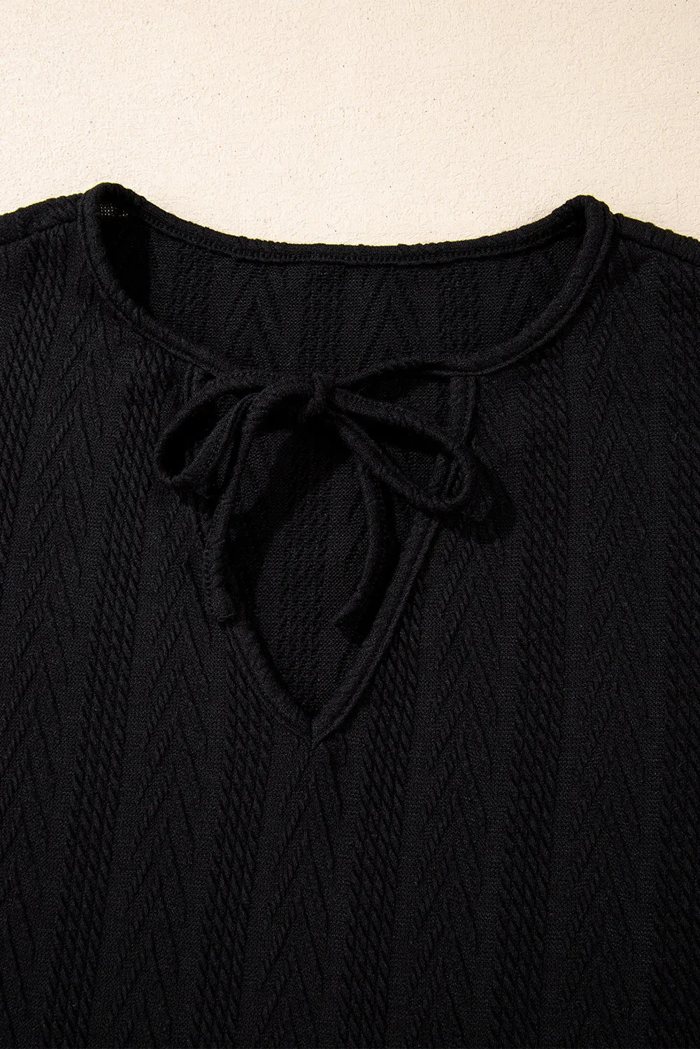 Black Floral Patchwork Textured Knit Drawstring V Neck Blouse