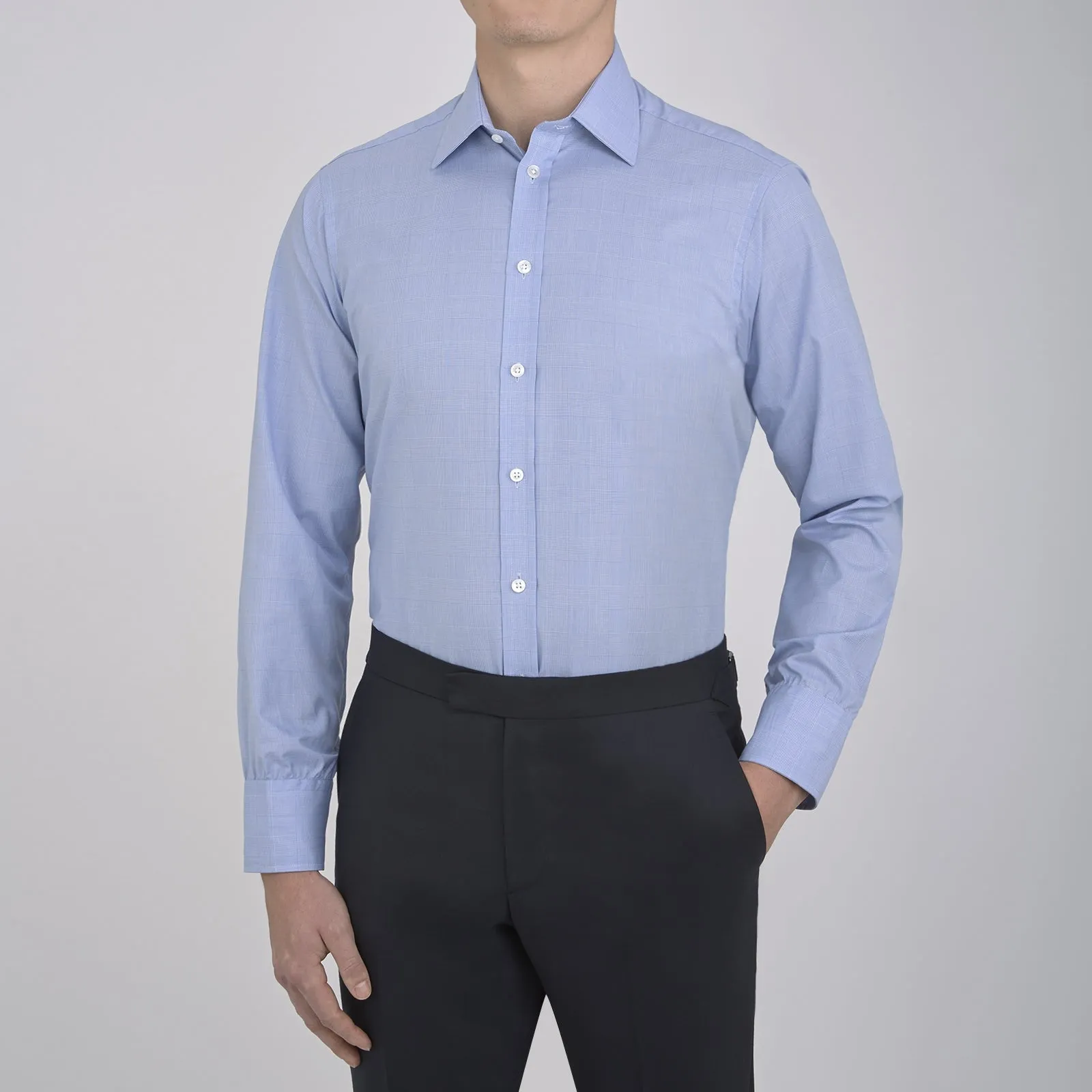 Blue Prince of Wales Check Shirt with T&A Collar and 3-Button Cuffs