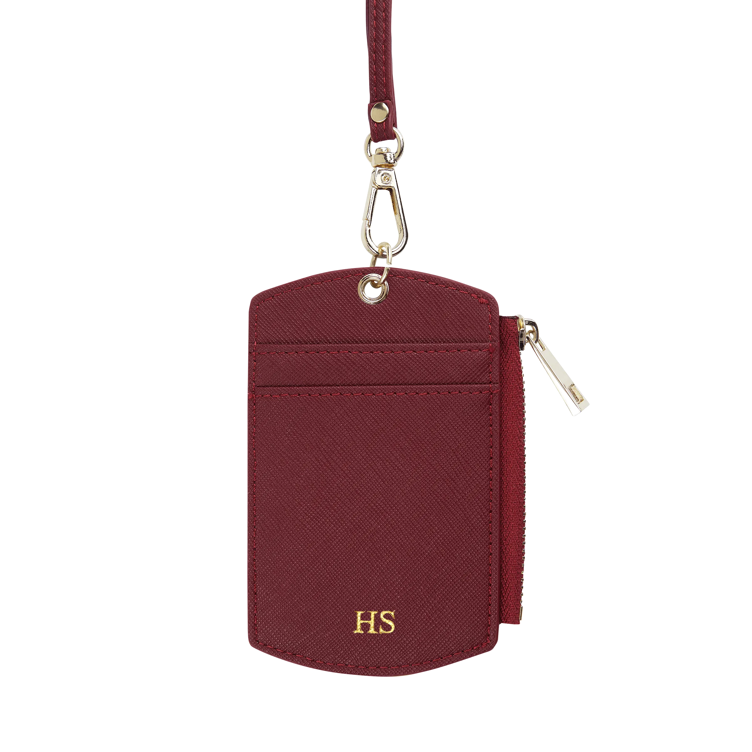 Burgundy - Saffiano ID Cardholder Lanyard with Zip