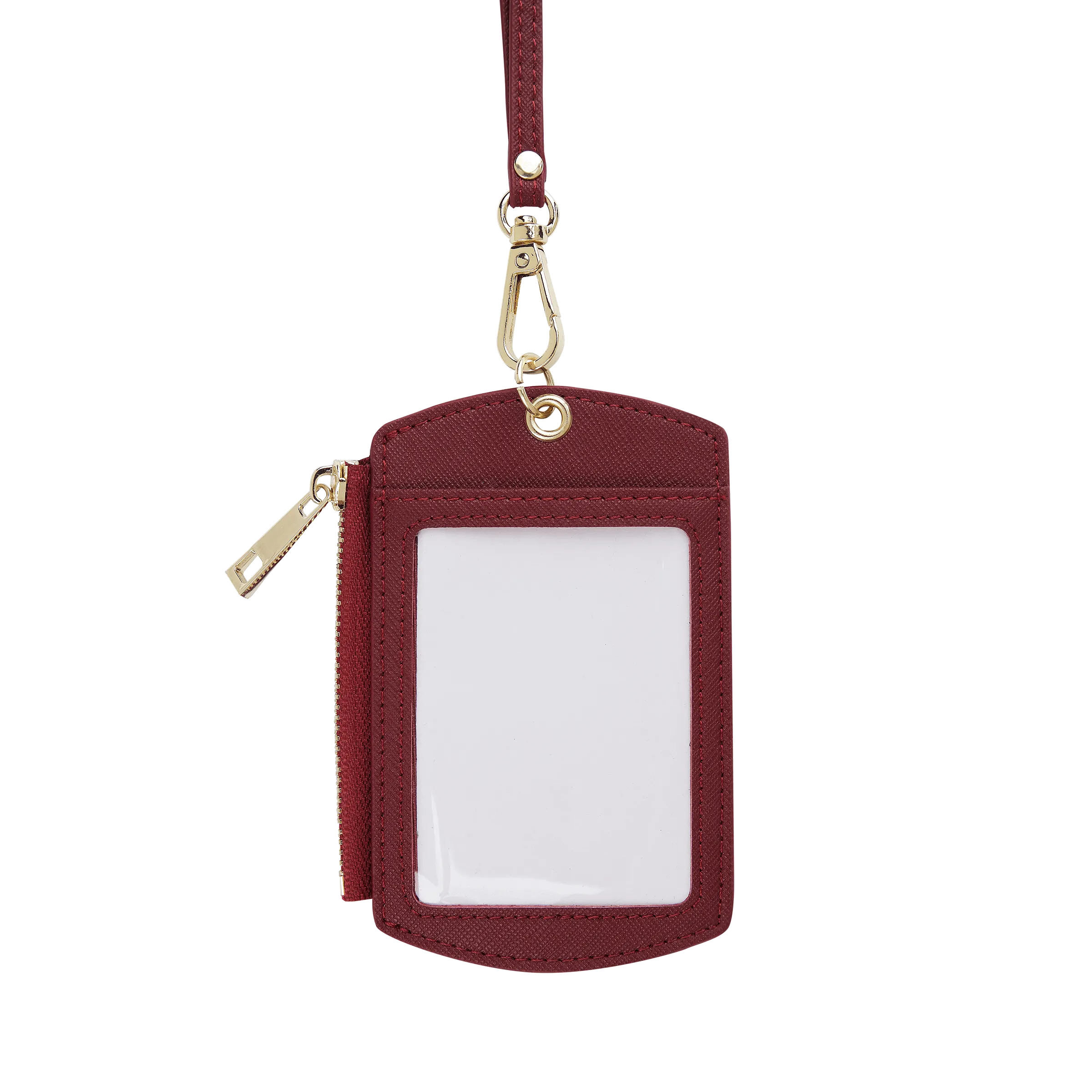 Burgundy - Saffiano ID Cardholder Lanyard with Zip
