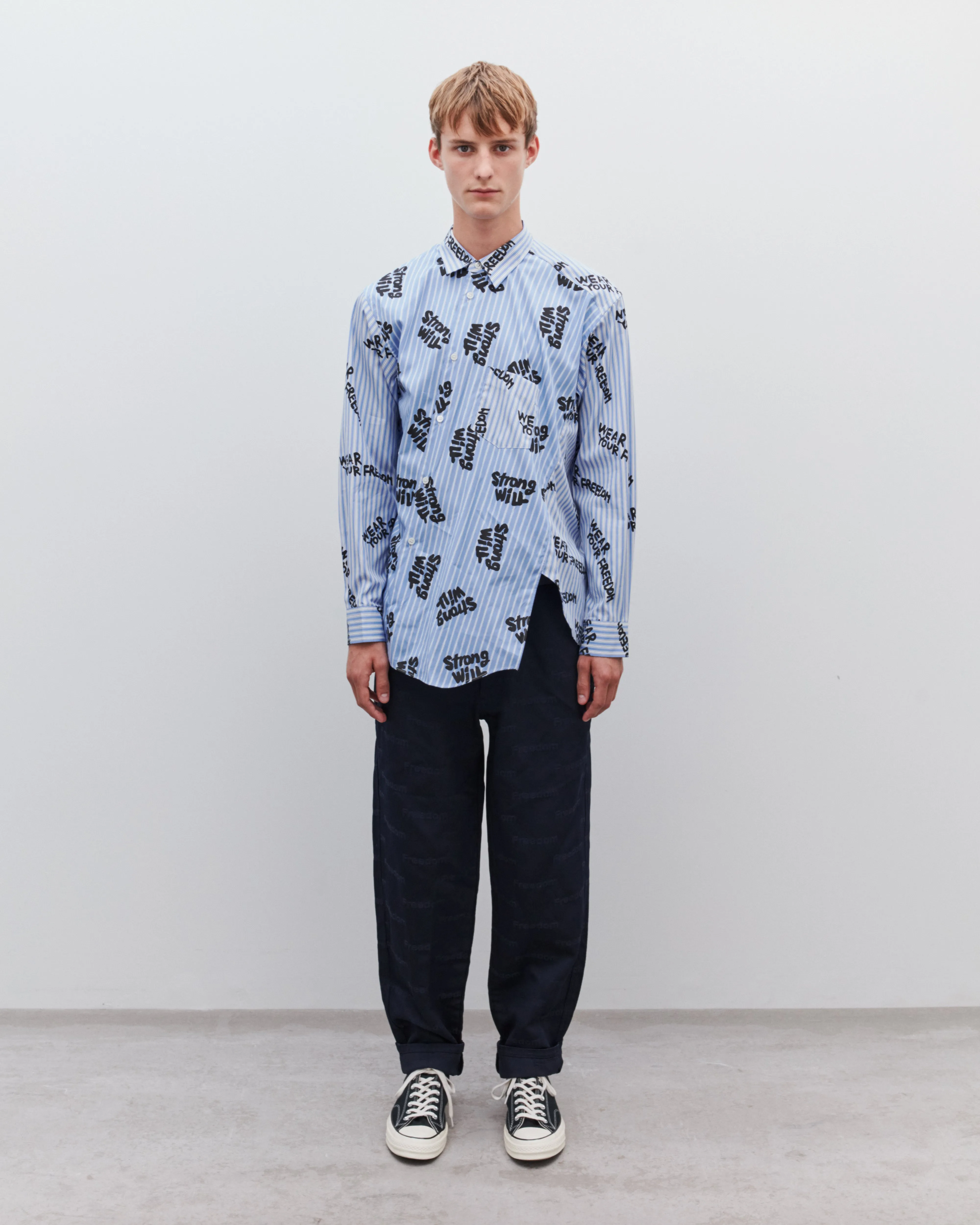 CDG Shirt - Men's Freedom Print Bias Shirt - (Blue Stripe)
