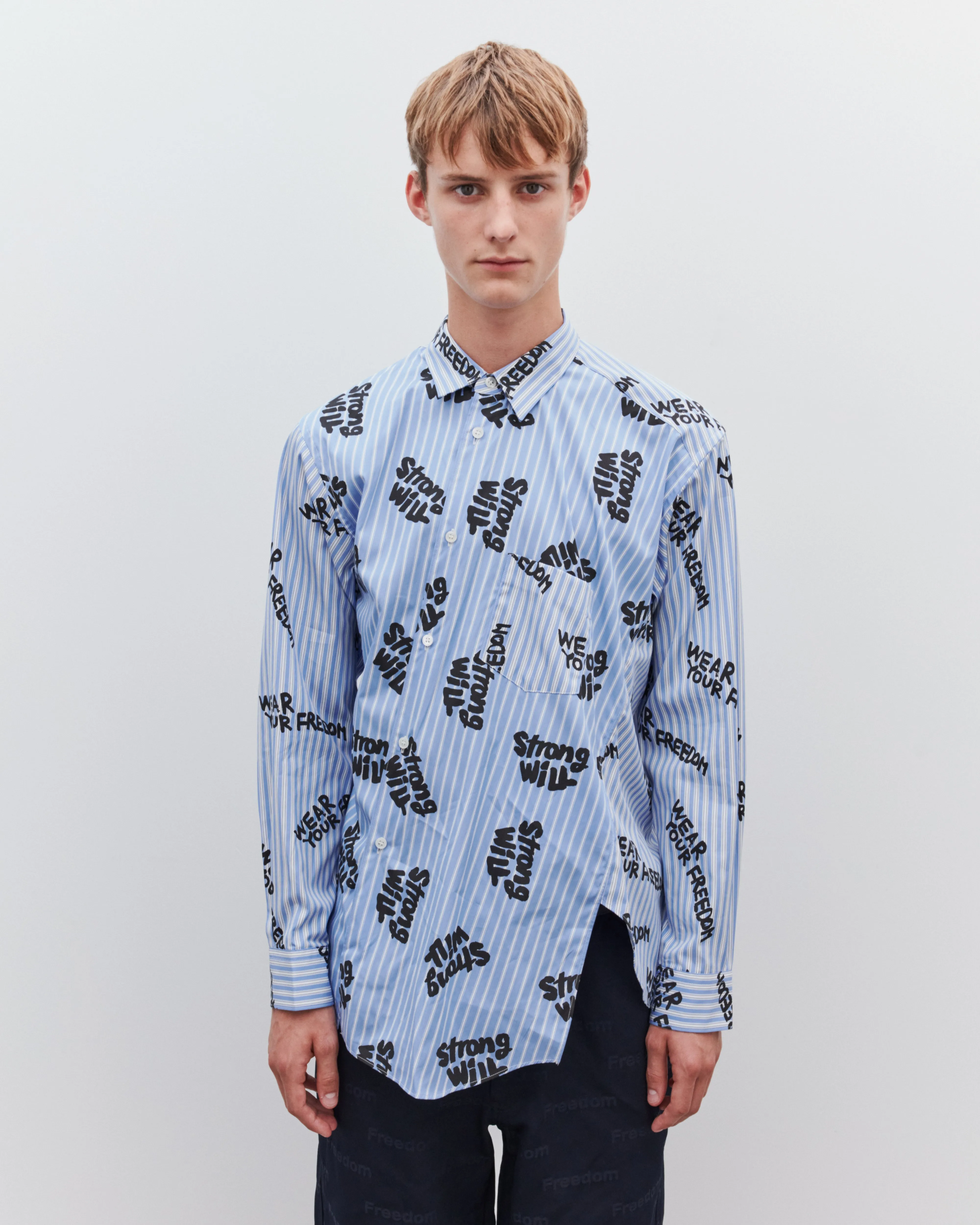 CDG Shirt - Men's Freedom Print Bias Shirt - (Blue Stripe)