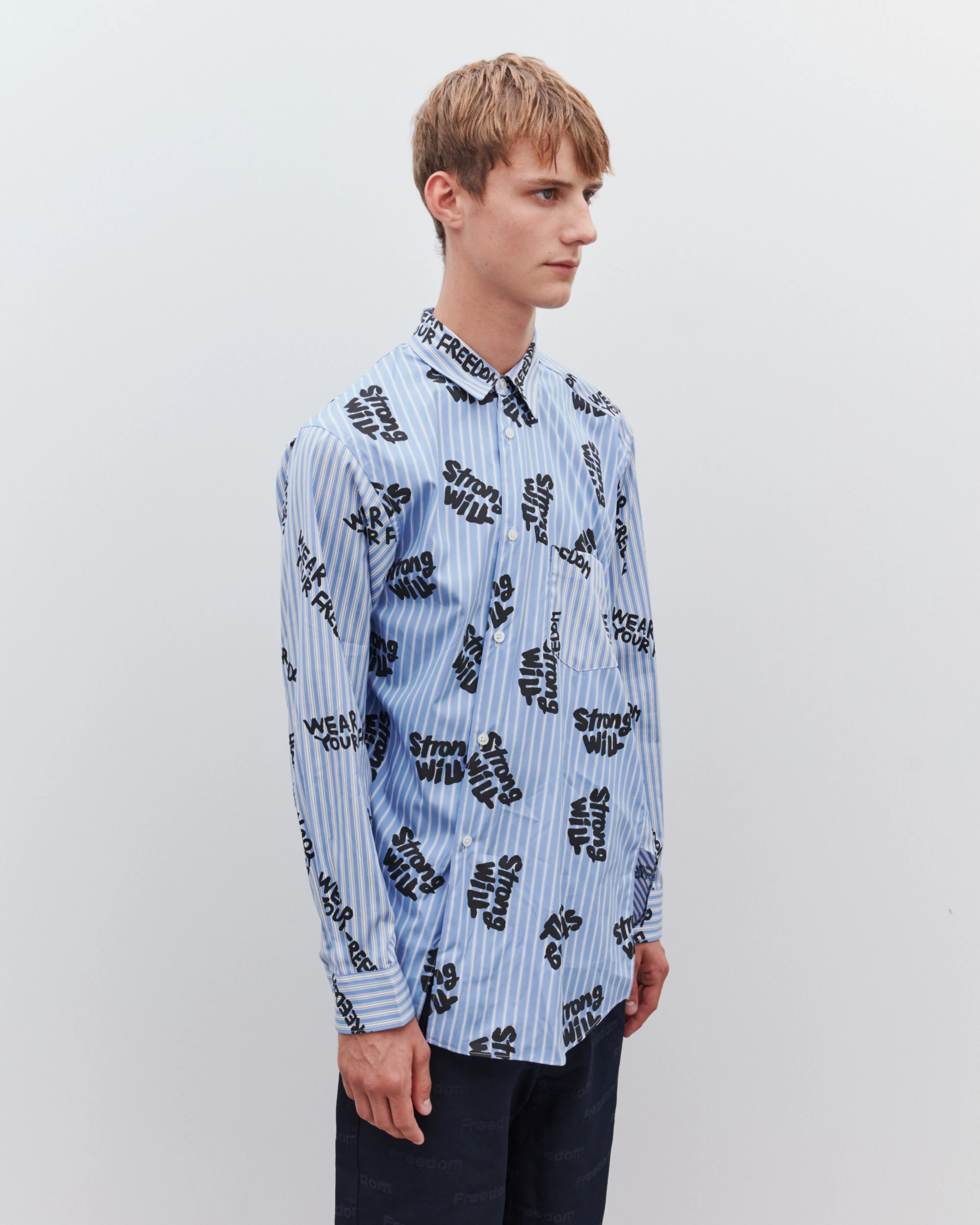 CDG Shirt - Men's Freedom Print Bias Shirt - (Blue Stripe)