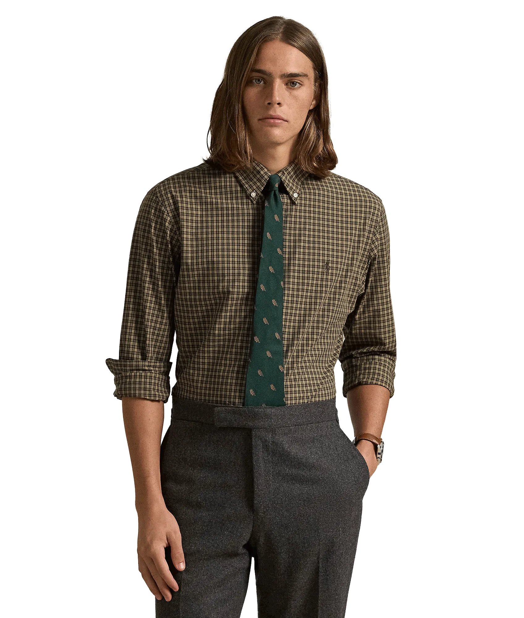 Custom Fit Plaid Stretch Poplin Shirt - Green
