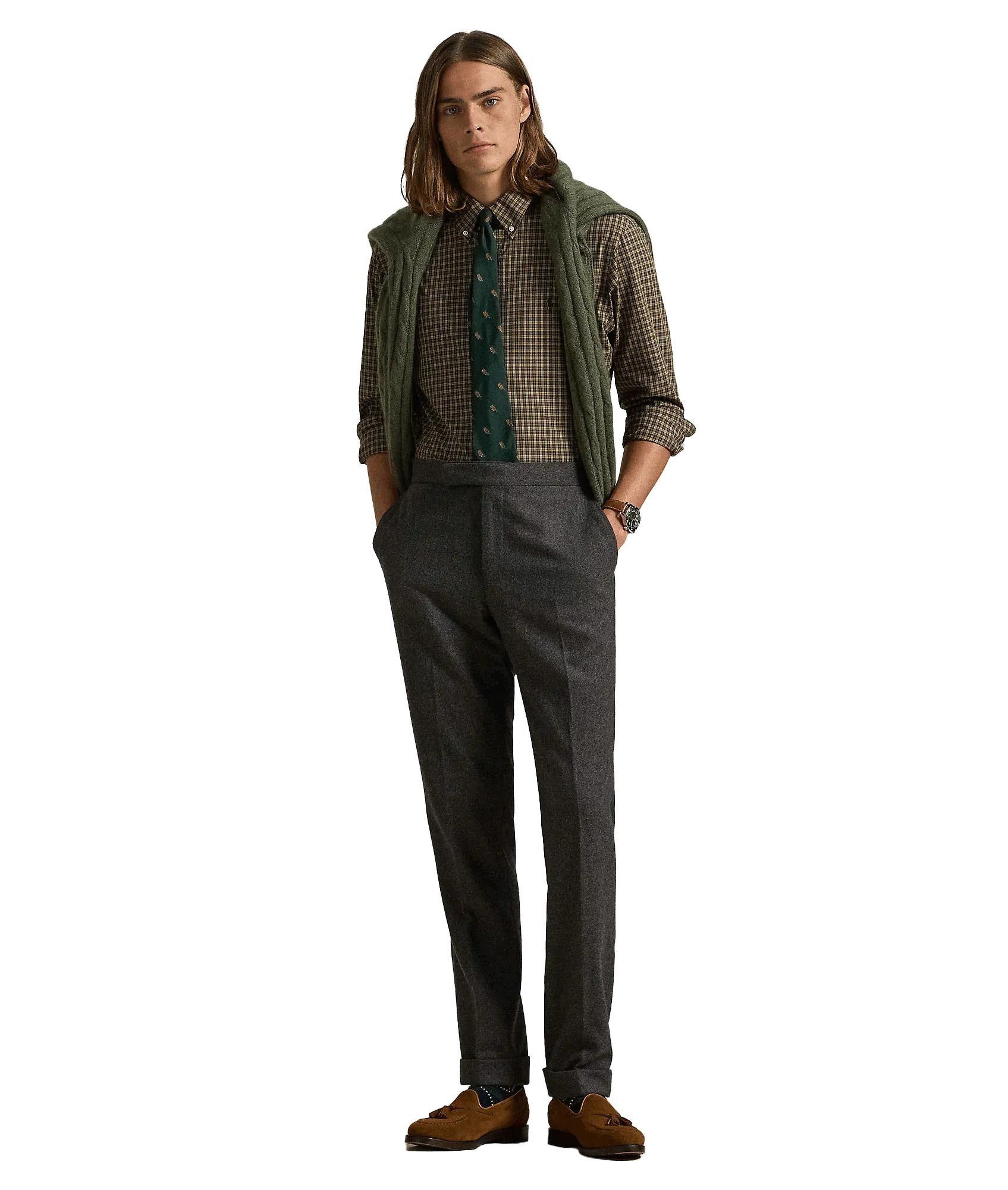 Custom Fit Plaid Stretch Poplin Shirt - Green