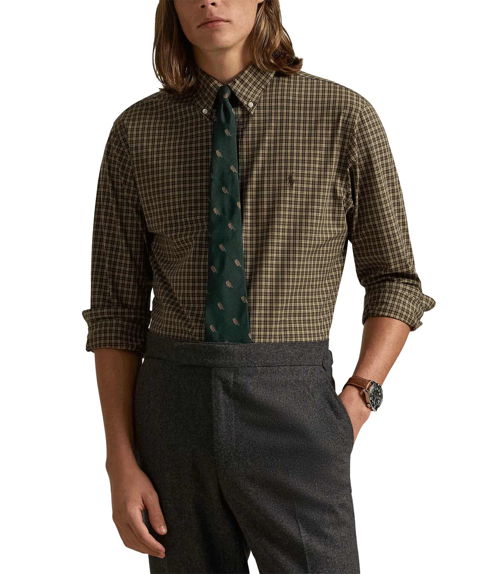 Custom Fit Plaid Stretch Poplin Shirt - Green