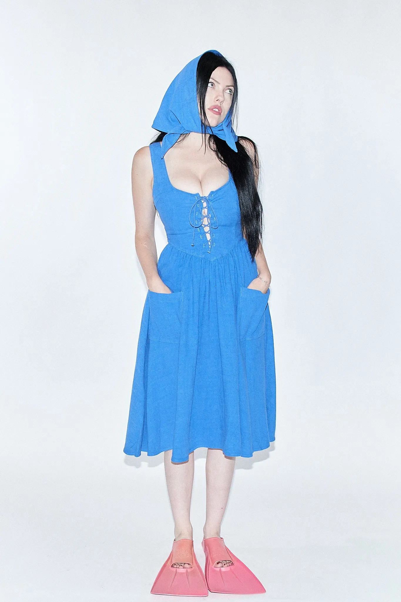 French Blue Farm Chores Midi Linen Dress