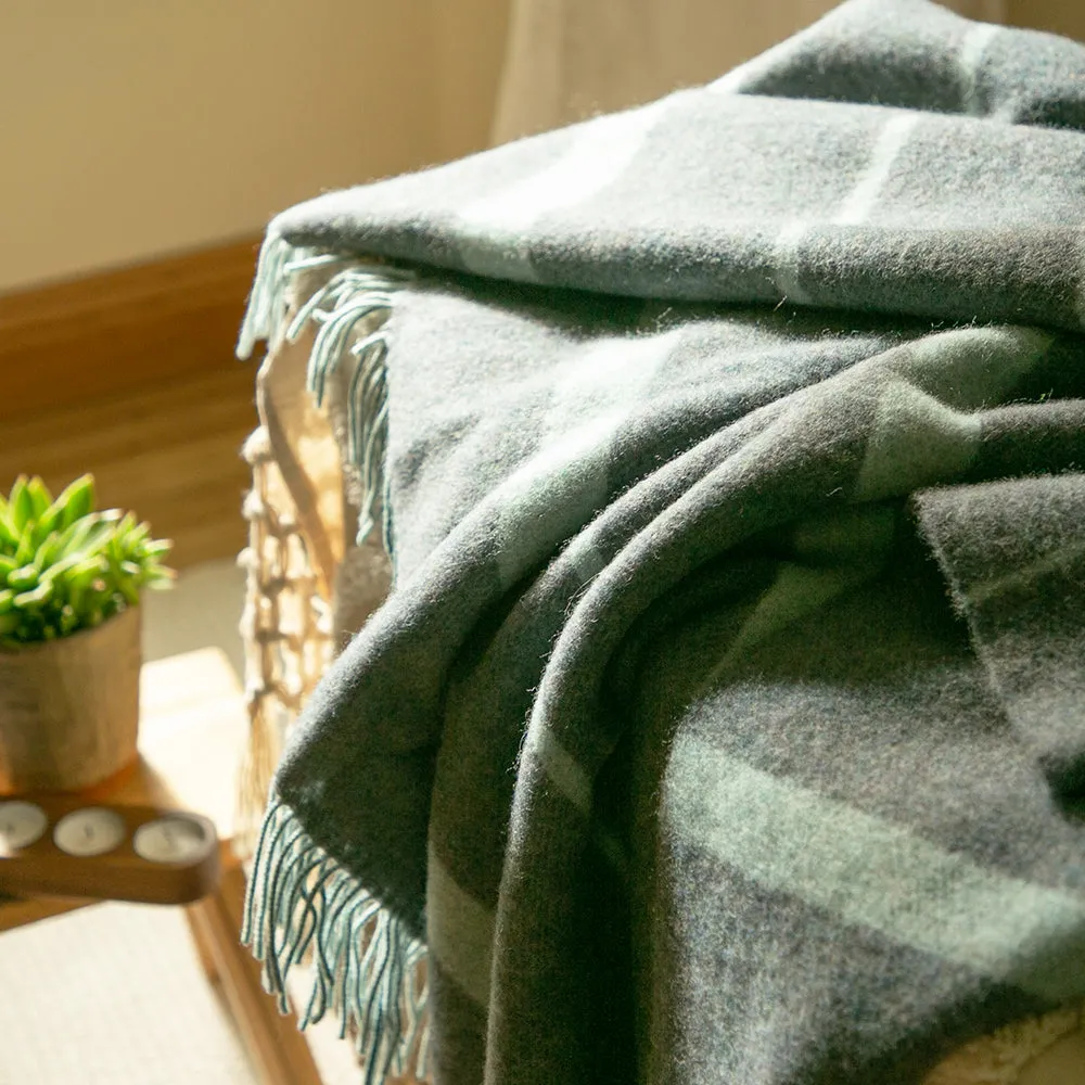 Grey & Aqua Merino & Lambswool Check Blanket