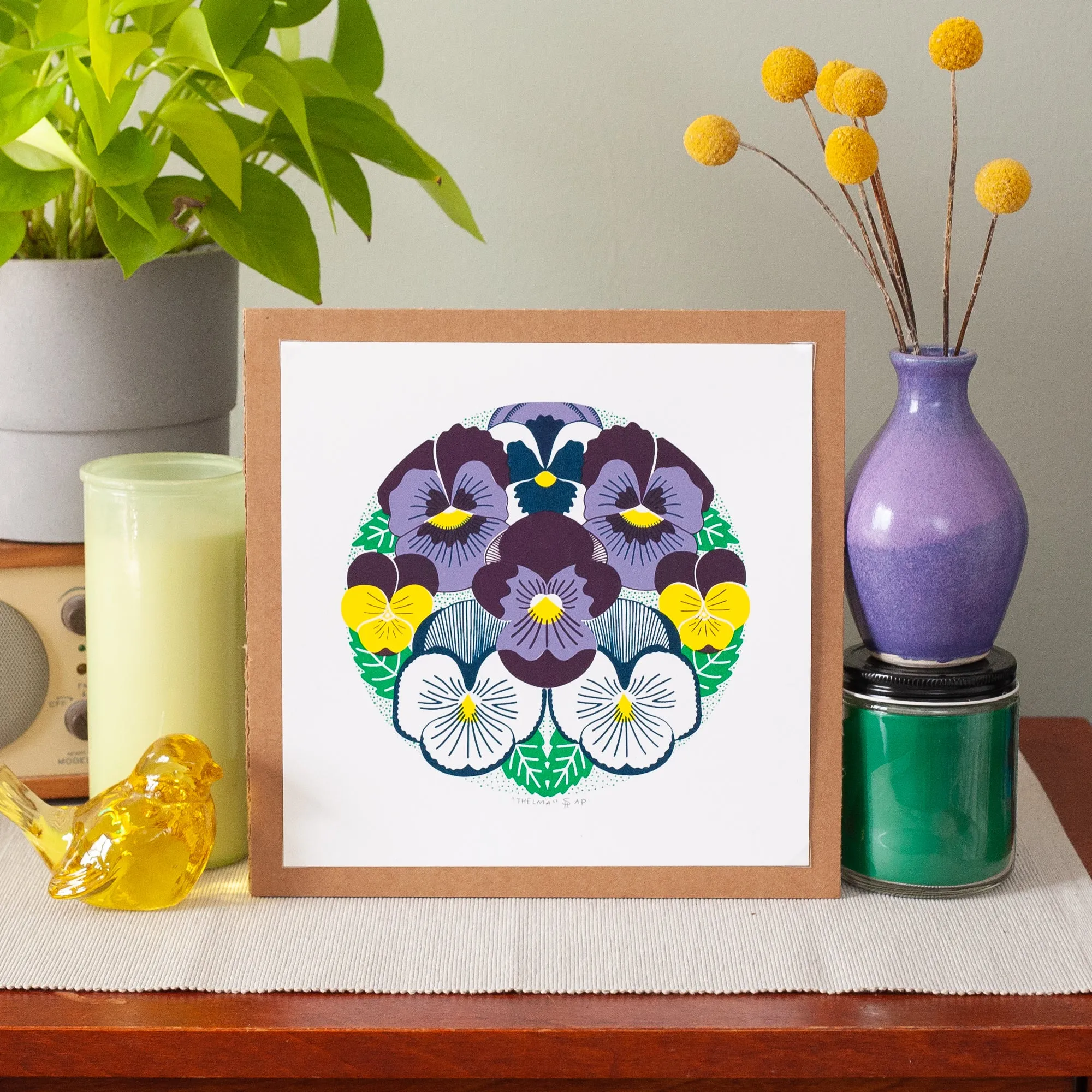 pansy flower art print, purple pansies wall art, Thelma print with spring flowers