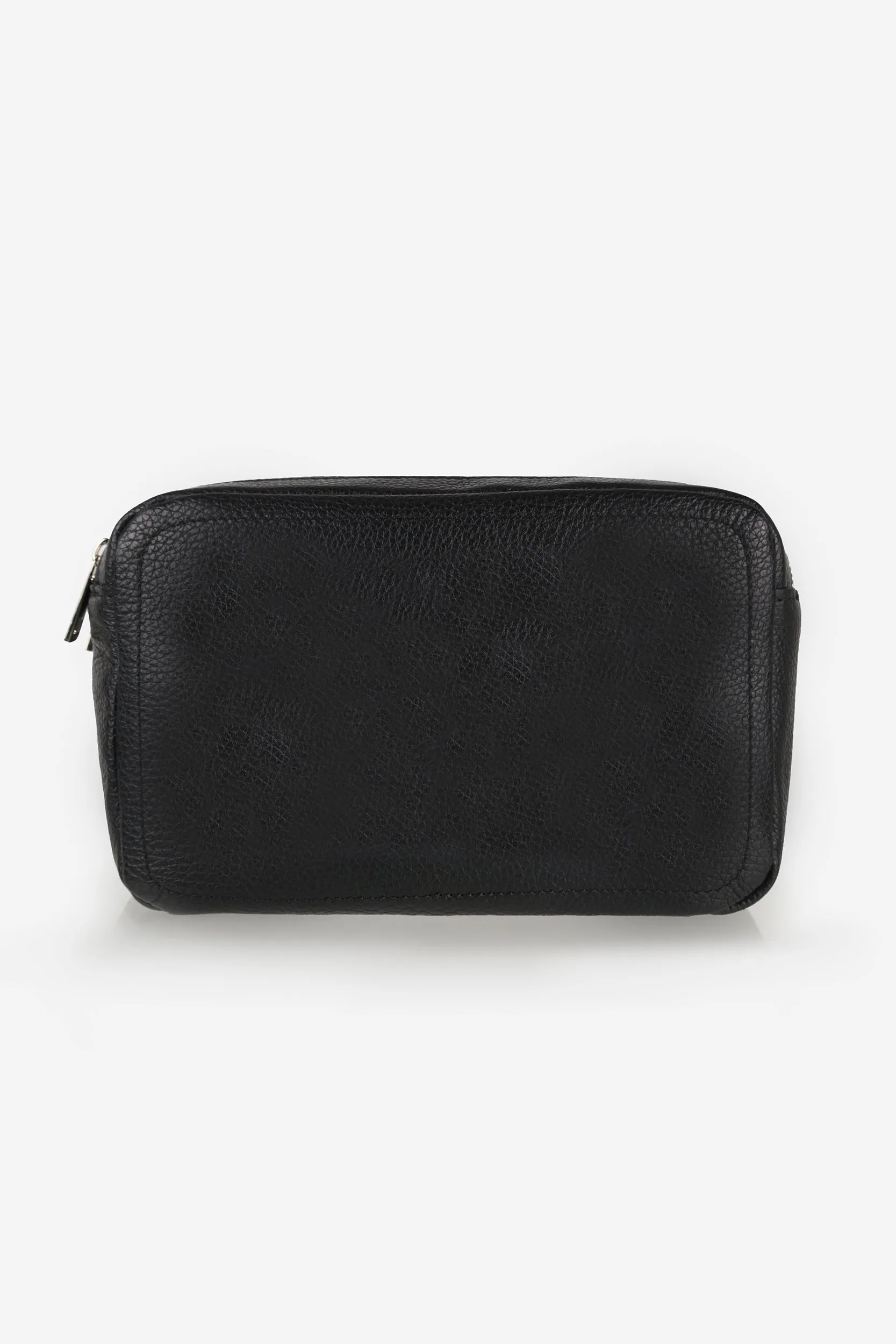 Personalised Leather Double Zip Wash Bag - Black Pebble with Silver Hardware