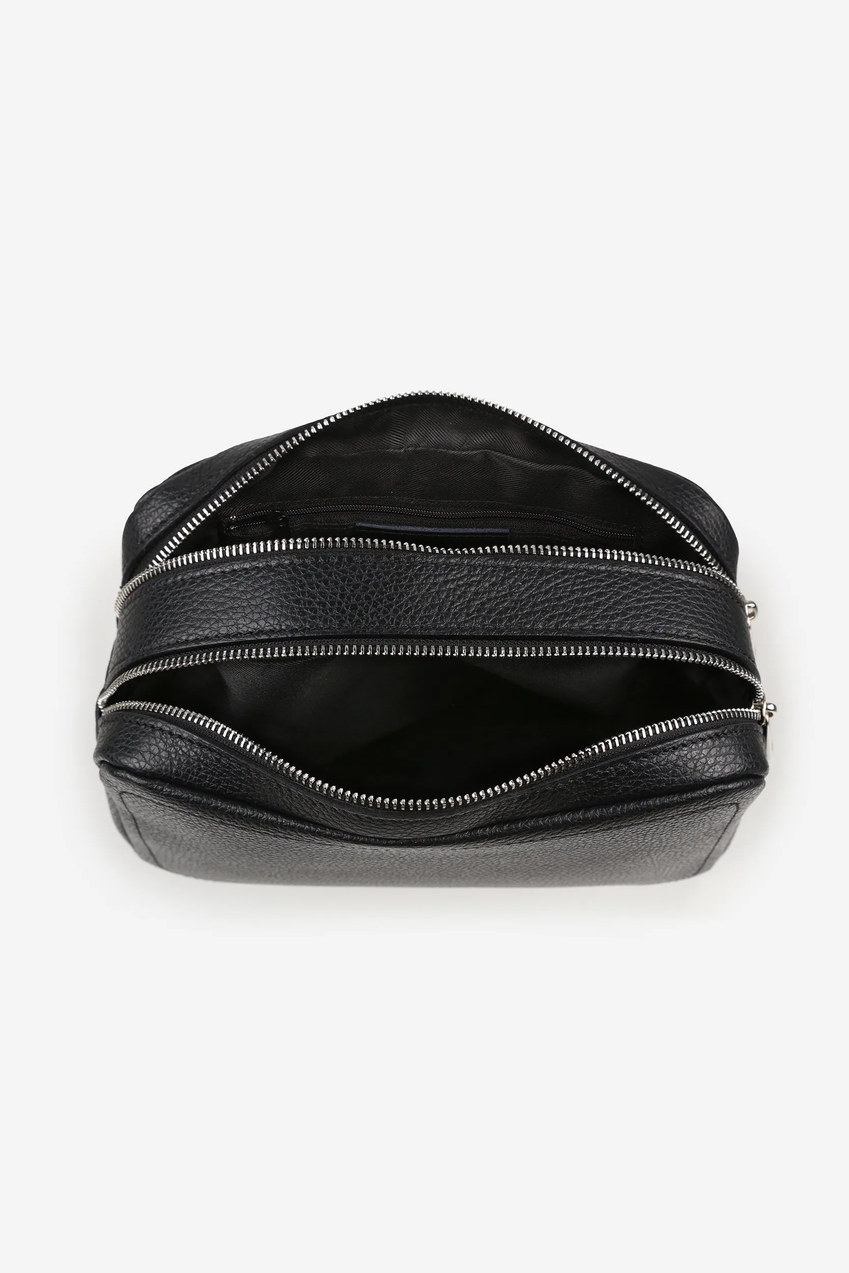 Personalised Leather Double Zip Wash Bag - Black Pebble with Silver Hardware