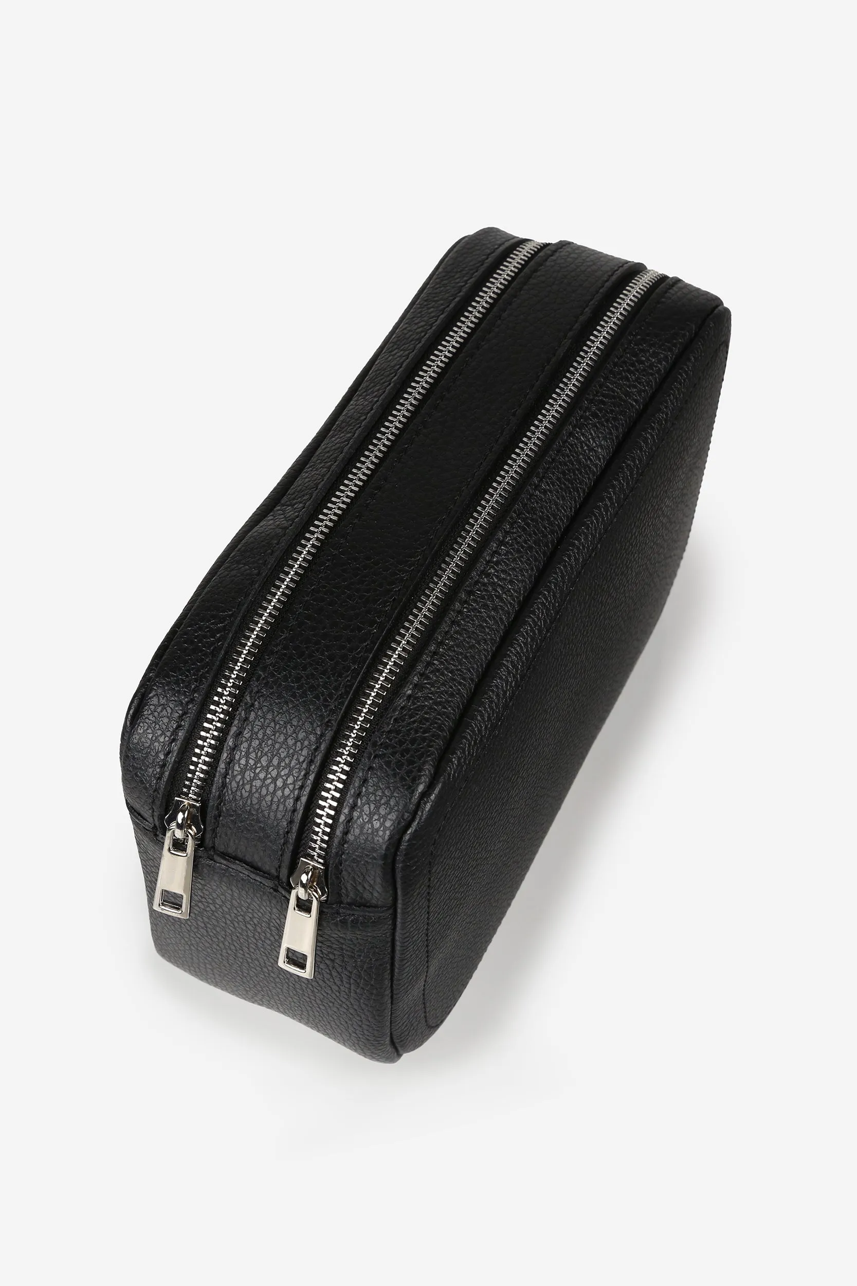 Personalised Leather Double Zip Wash Bag - Black Pebble with Silver Hardware