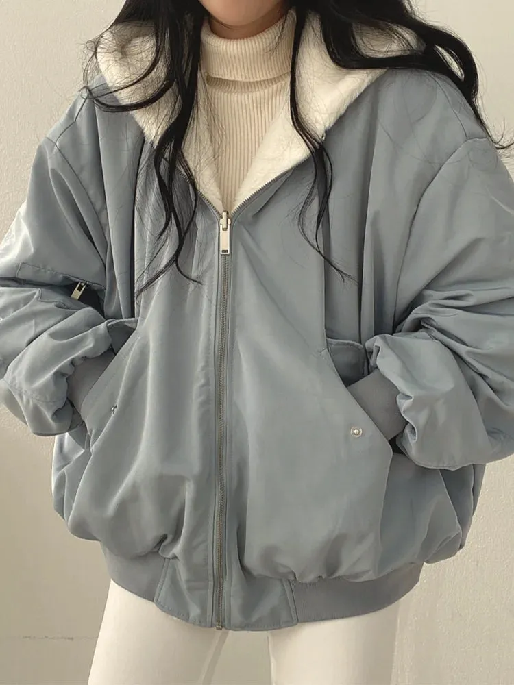 Winter Loose Hooded Jacket for Women – Oversized, Double-Sided Fleece-Lined Thickened Coat, Casual Zip-Up Fashion Top