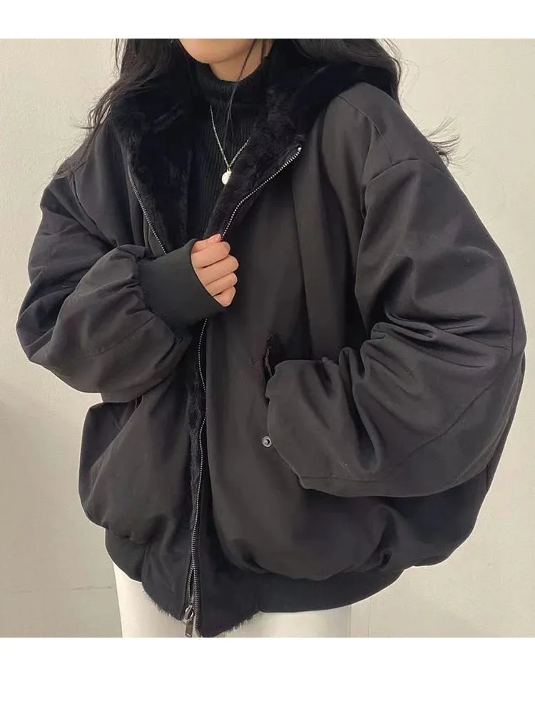 Winter Loose Hooded Jacket for Women – Oversized, Double-Sided Fleece-Lined Thickened Coat, Casual Zip-Up Fashion Top