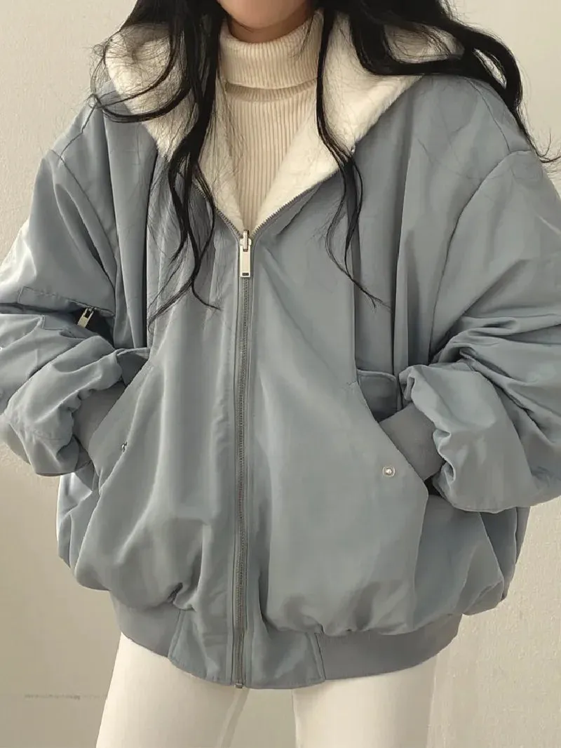 Winter Loose Hooded Jacket for Women – Oversized, Double-Sided Fleece-Lined Thickened Coat, Casual Zip-Up Fashion Top