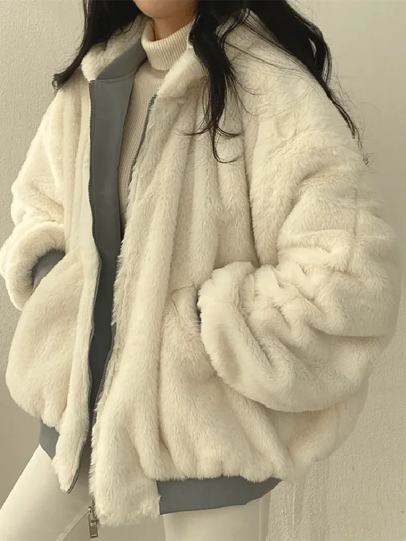 Winter Loose Hooded Jacket for Women – Oversized, Double-Sided Fleece-Lined Thickened Coat, Casual Zip-Up Fashion Top