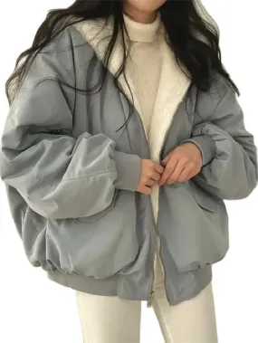 Winter Loose Hooded Jacket for Women – Oversized, Double-Sided Fleece-Lined Thickened Coat, Casual Zip-Up Fashion Top