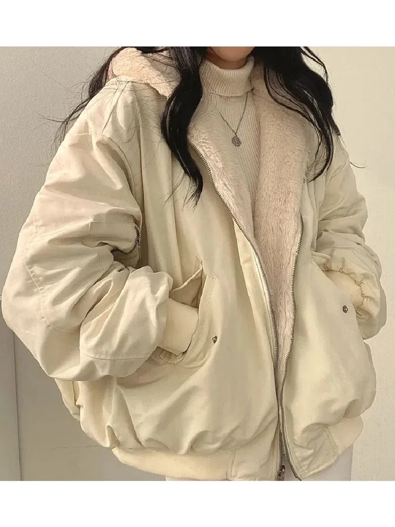 Winter Loose Hooded Jacket for Women – Oversized, Double-Sided Fleece-Lined Thickened Coat, Casual Zip-Up Fashion Top
