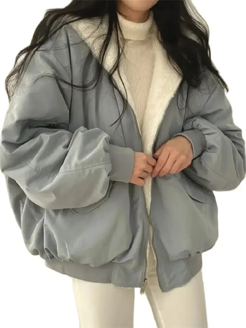 Winter Loose Hooded Jacket for Women – Oversized, Double-Sided Fleece-Lined Thickened Coat, Casual Zip-Up Fashion Top